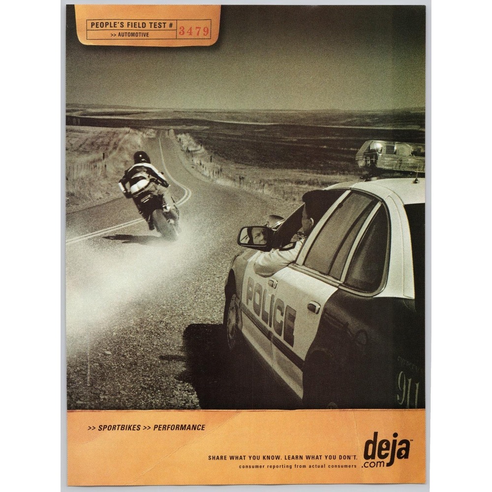 Deja.com Peoples Field‎ Test Sportbike Police Chase Internet Print Ad 1999
